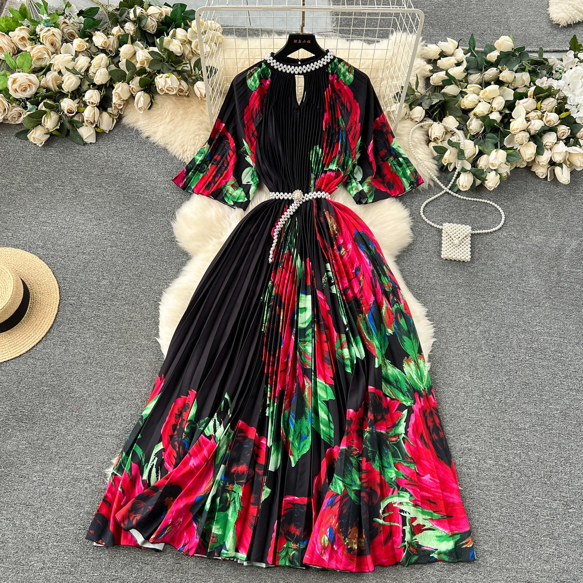 Beaded Print Pleated A-Line Dress