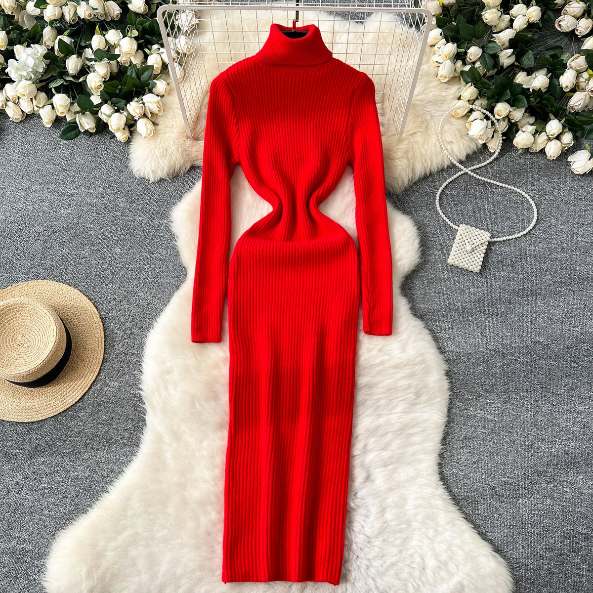 Turtleneck Knit Long Sleeve Maxi Dress