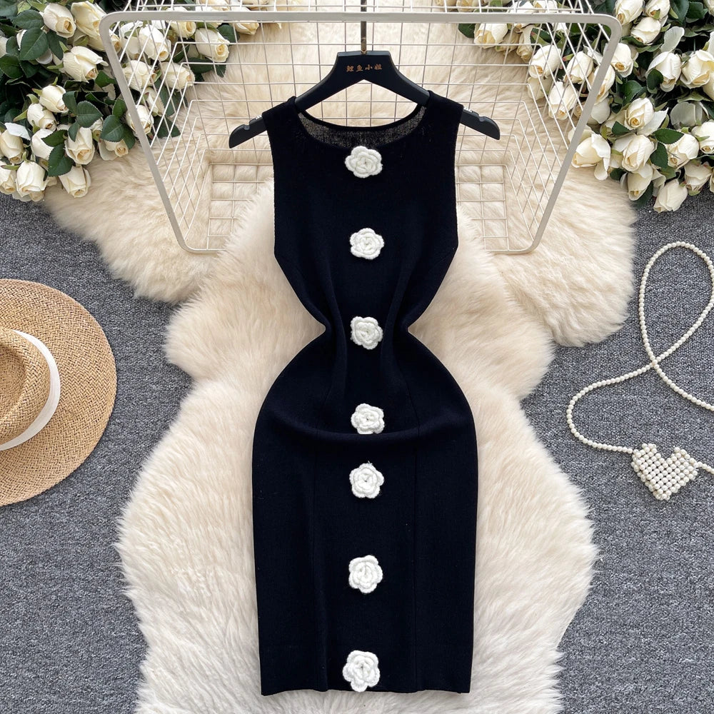 3D Flower Sleeveless Knit Mini Dress