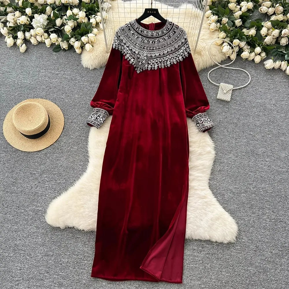Embroidered Sequin Velour Split Dress