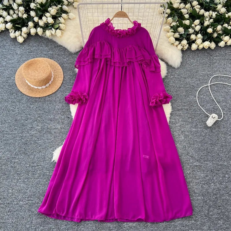 Pleated Chiffon Long Sleeve A-Line Dress
