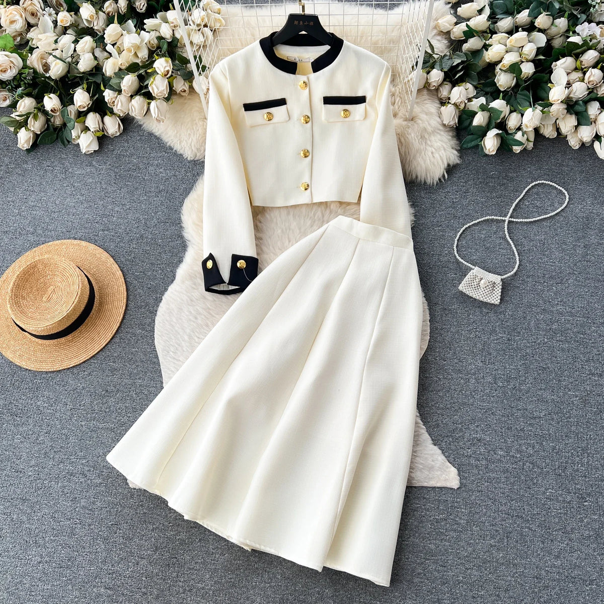 Button-Front Top and Fitted Skirt Set