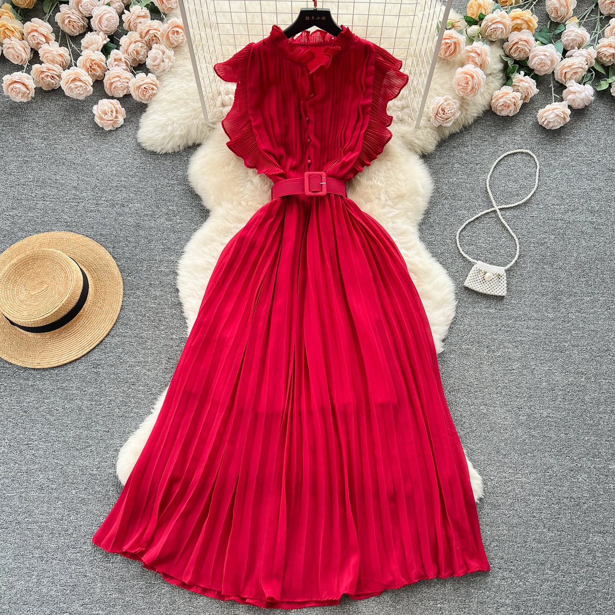 Belted Ruffle Sleeveless A-Line Dress