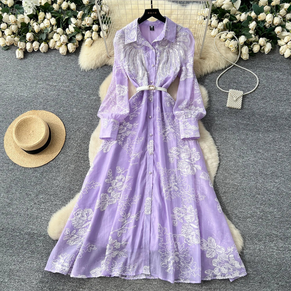 Beaded Button Long Sleeve Party Dress