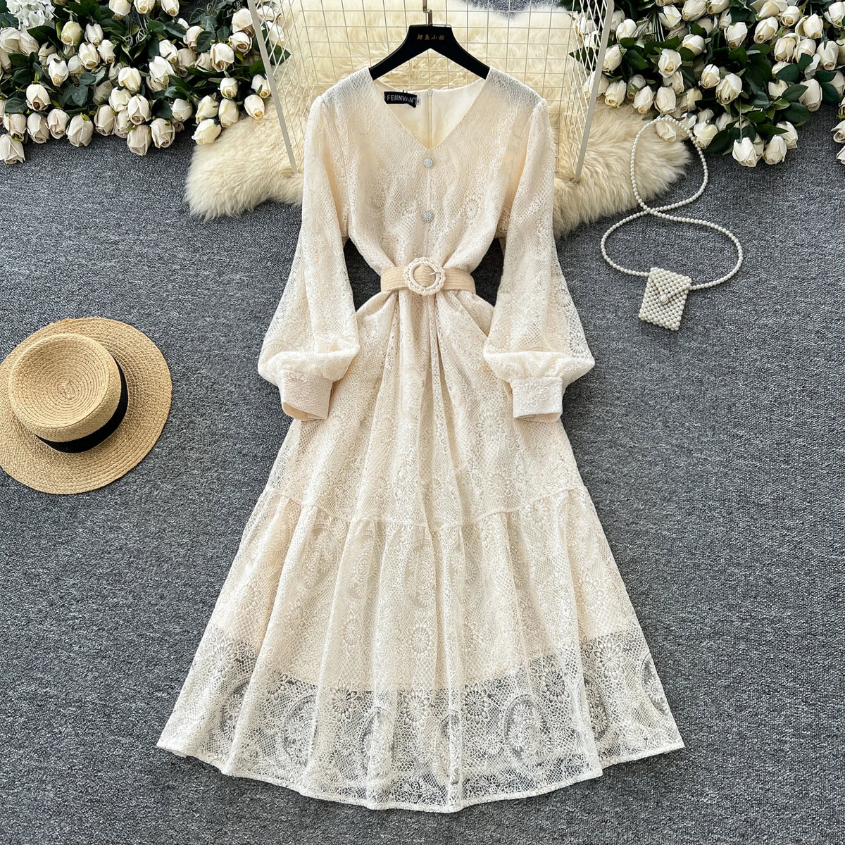 Embroidered Mesh High Waist A-Line Dress