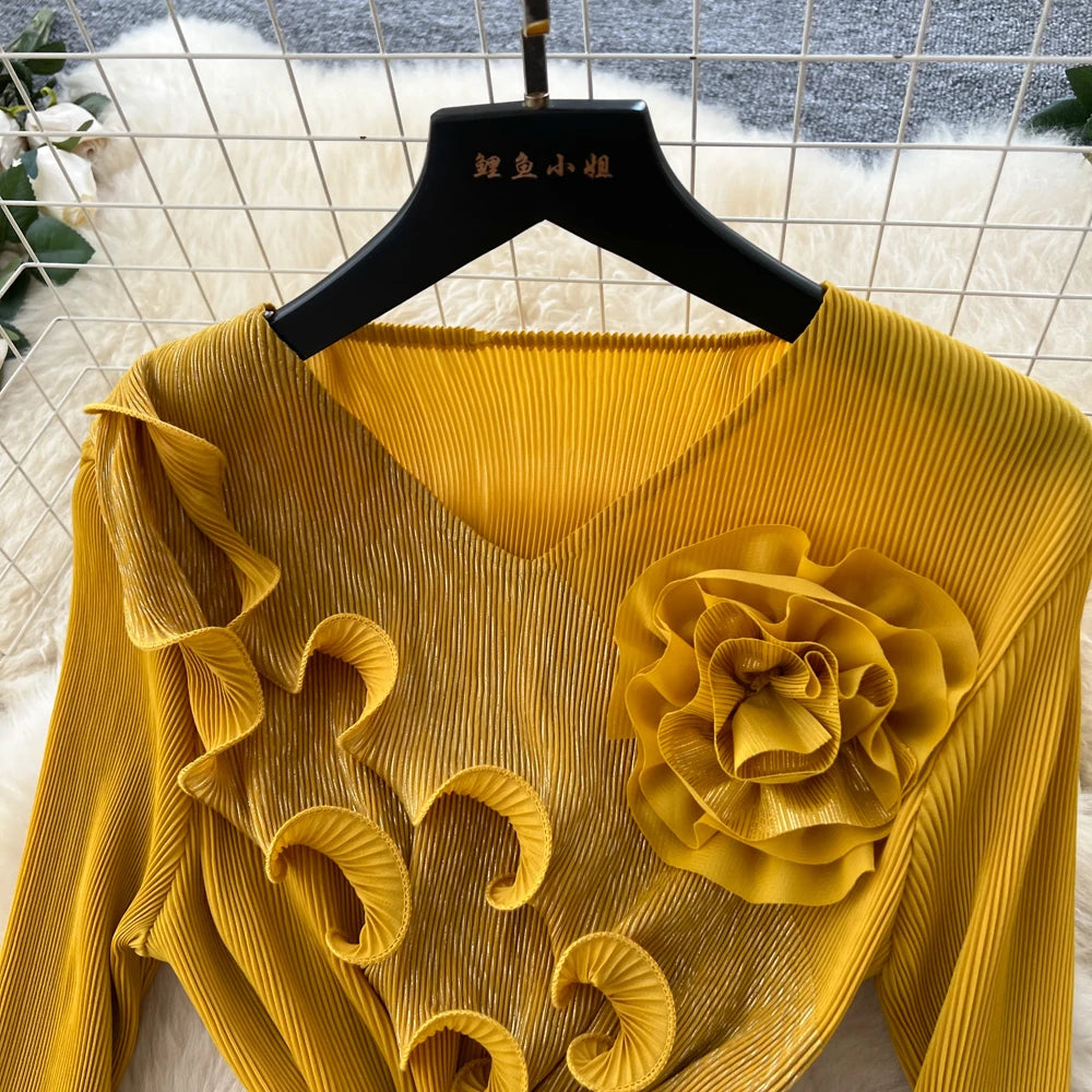 3D Ruffle High Waist Long Sleeve Dress