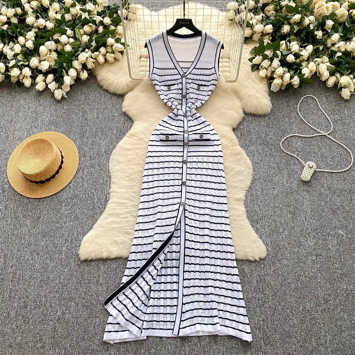 Black And White Striped Knit Maxi Dress