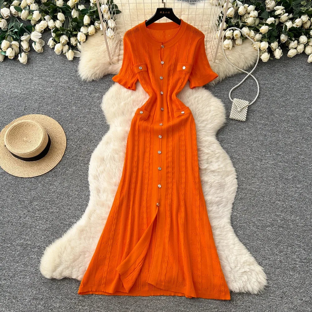 Button Split Knit A-Line Maxi Dress