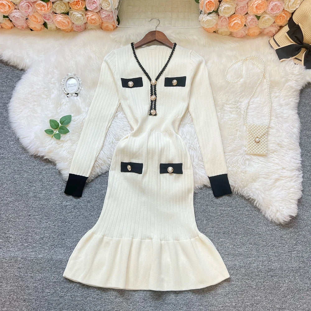 Ribbed Button V-Neck Knit Mermaid Dress