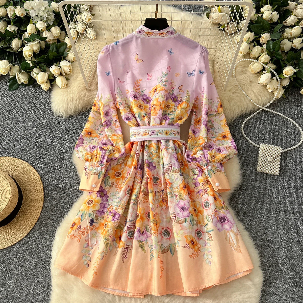 Stand Collar Print Single Breasted Sash Dress