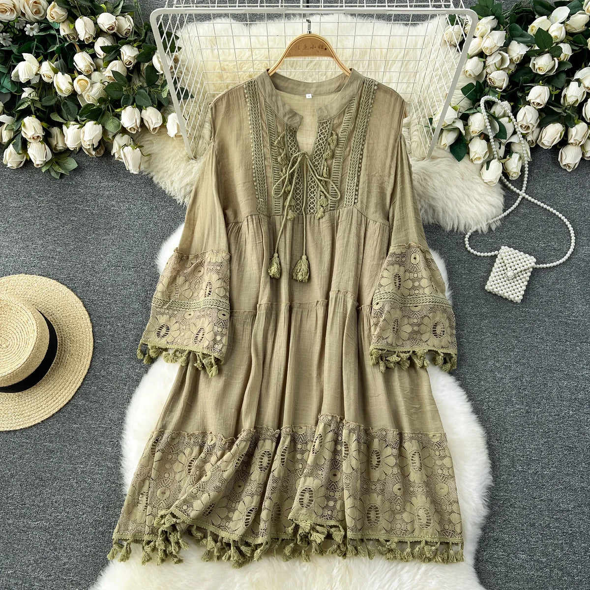 Lace Tassel Flare Sleeve V-Neck Dress