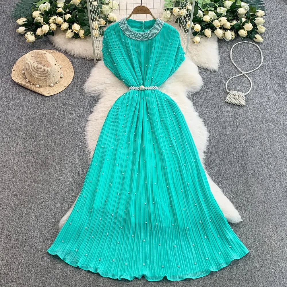 Beaded Mesh Ruched Short Sleeve Dress