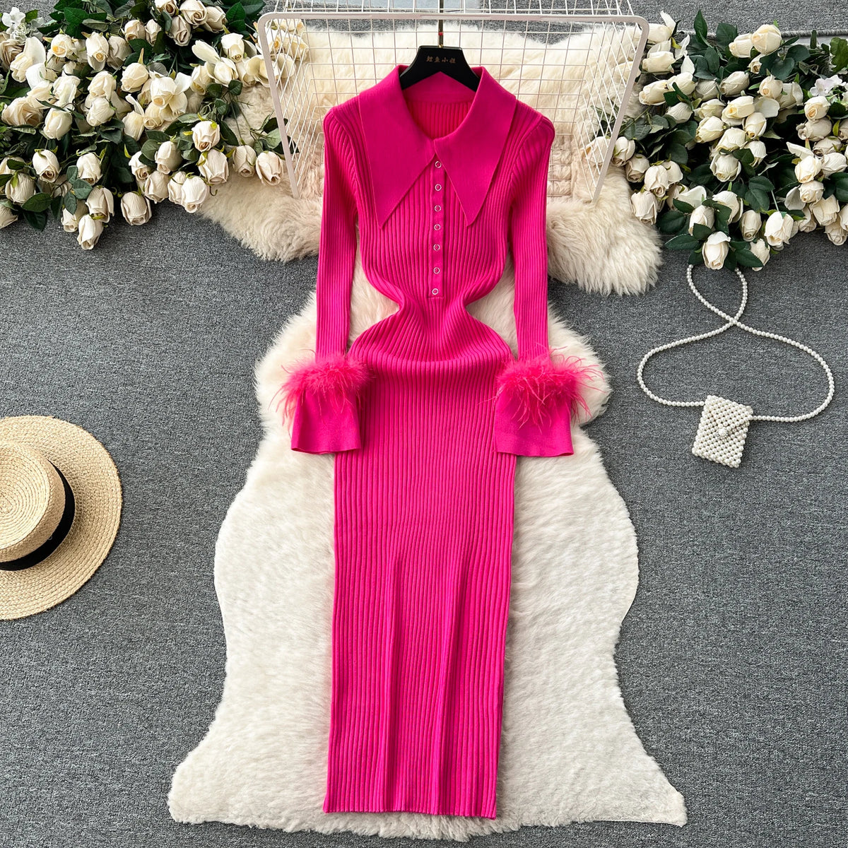 Fur Cuff Knit Wrap Bodycon Maxi Dress