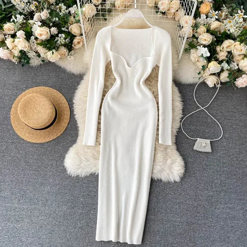 Slit Knit V-Neck Long Sleeve Bodycon Dress