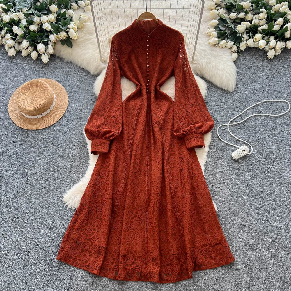 Lace Button-Front Long Sleeve Party Dress