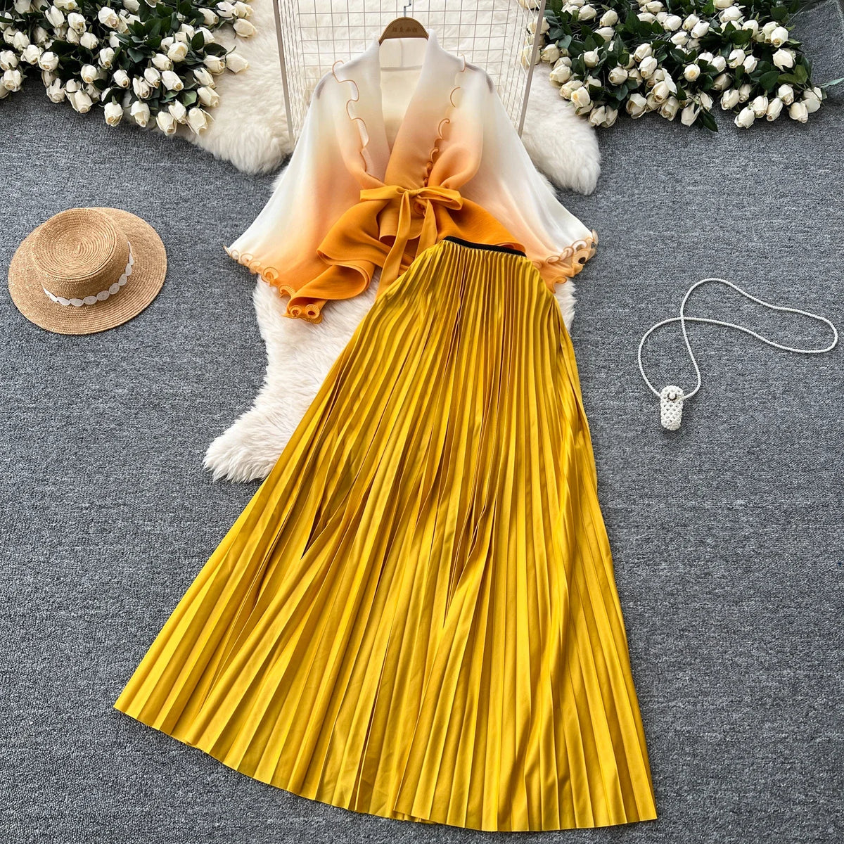 Gradient Cardigan and Pleated Skirt Set