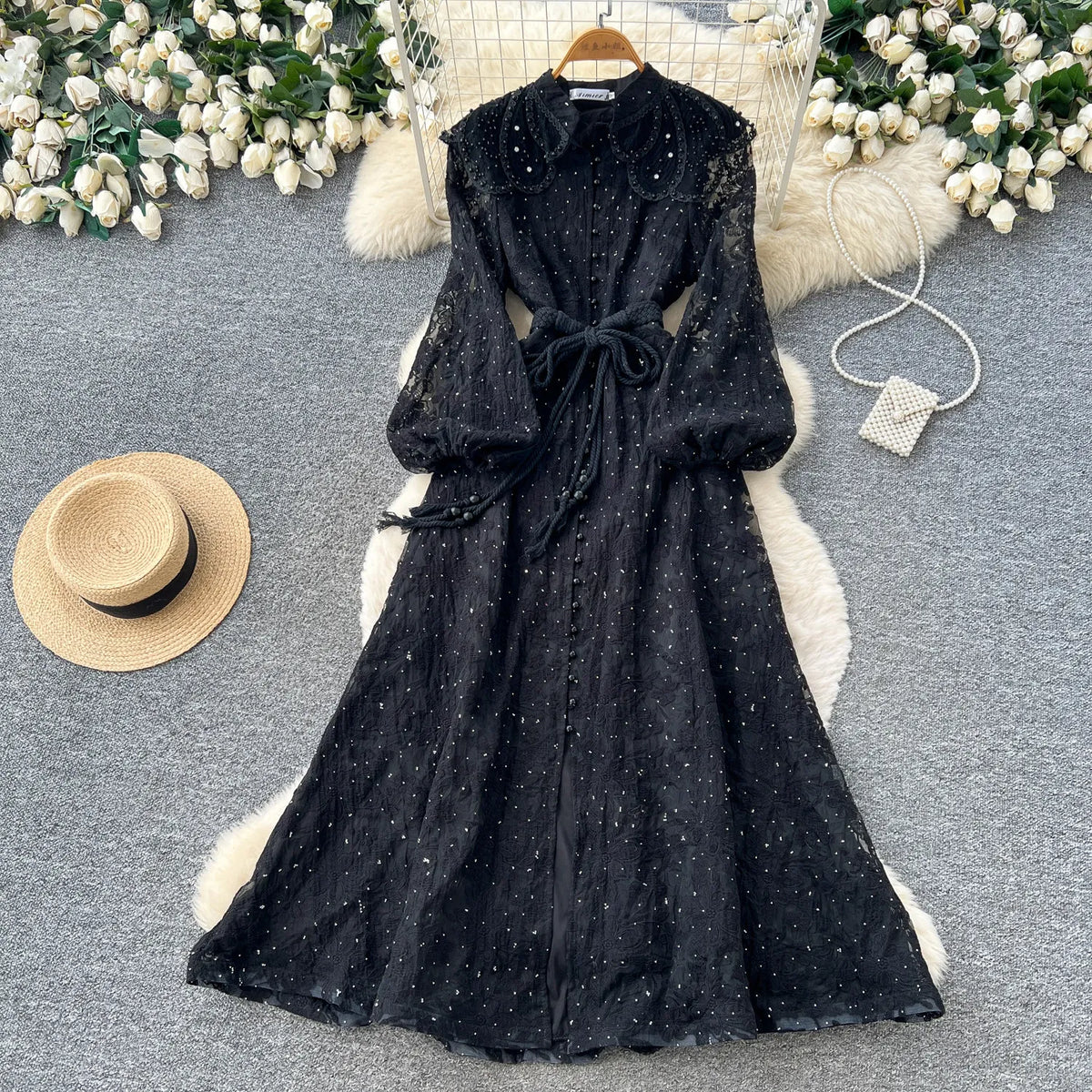 Stand Collar Puff Sleeve Maxi Swing Dress