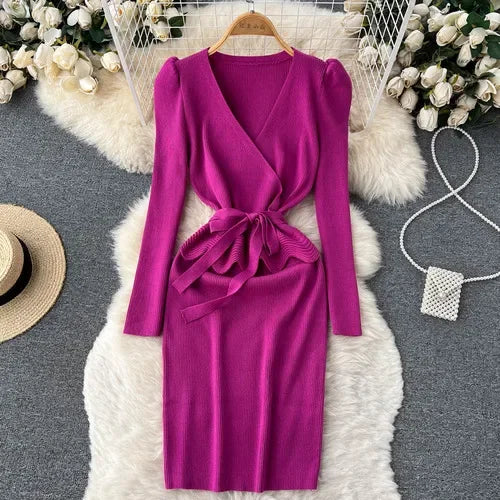 Lace-Up V-Neck Knit Bodycon Dress