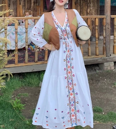 Embroidered V-Neck Lantern Sleeve Dress