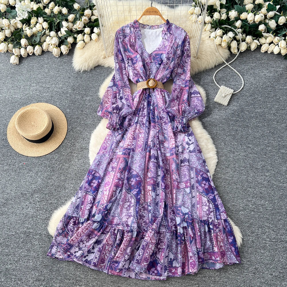 Vintage Print V-Neck Long Sleeve Dress