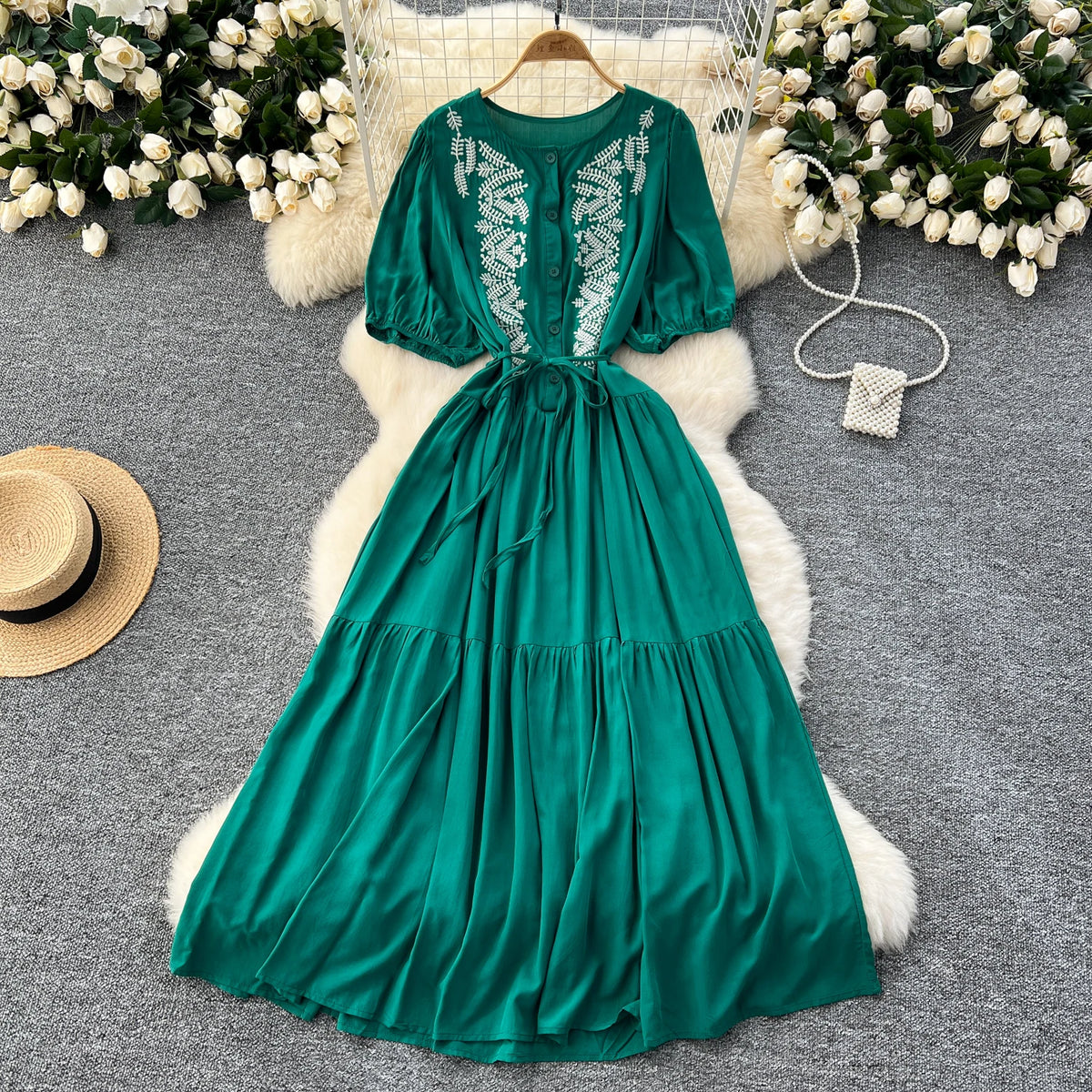 Embroidered Puff Sleeve Crew Neck Dress
