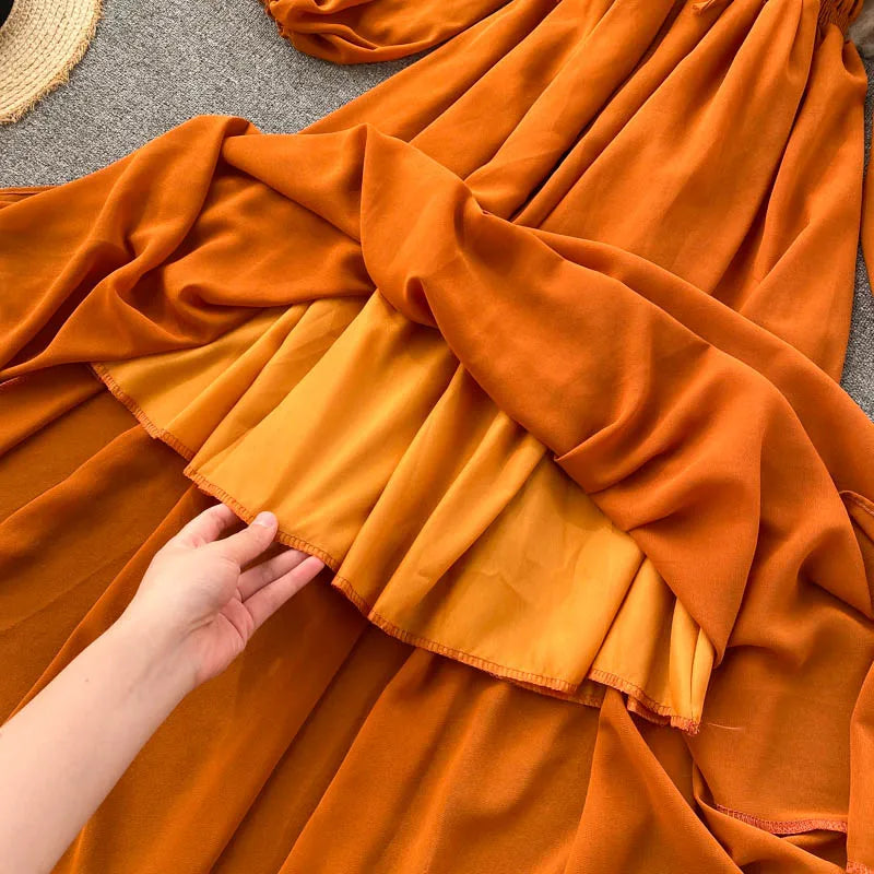 Ruffle Chiffon Puff Sleeve A-Line Dress