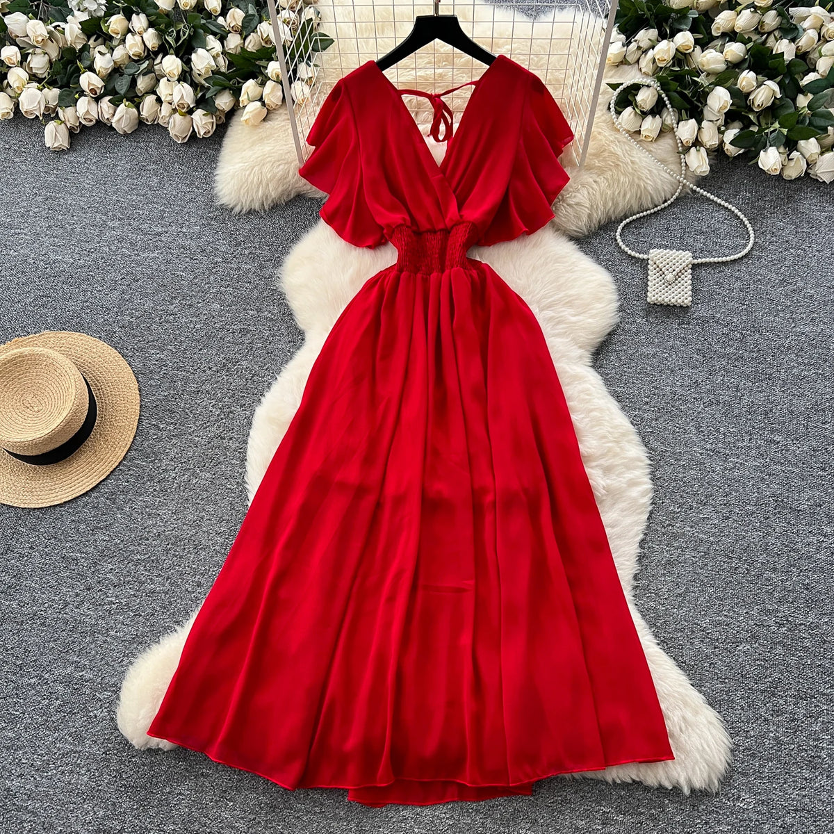 Criss-Cross Chiffon Short Sleeve Gown