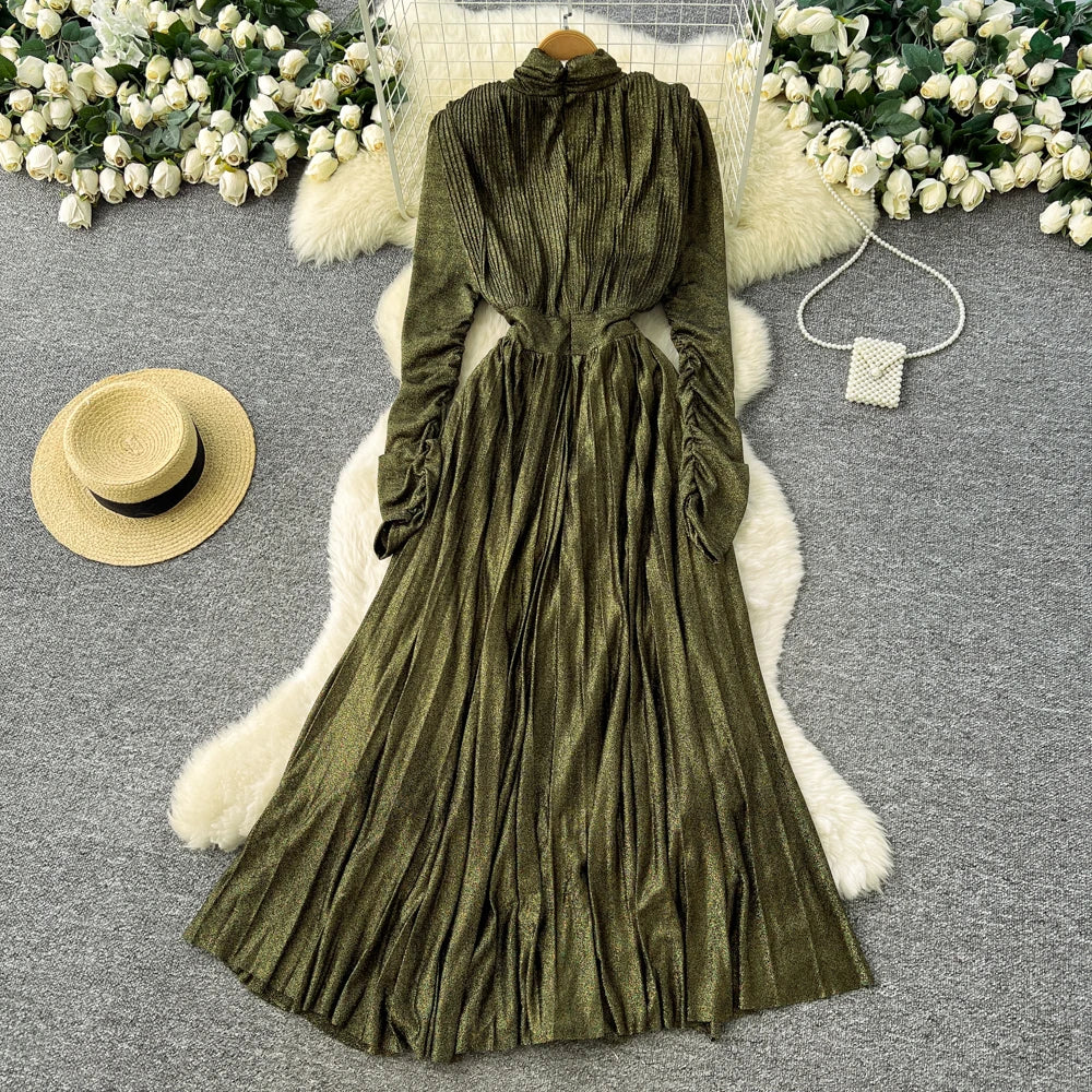 Pleated Long Sleeve A-Line Dress