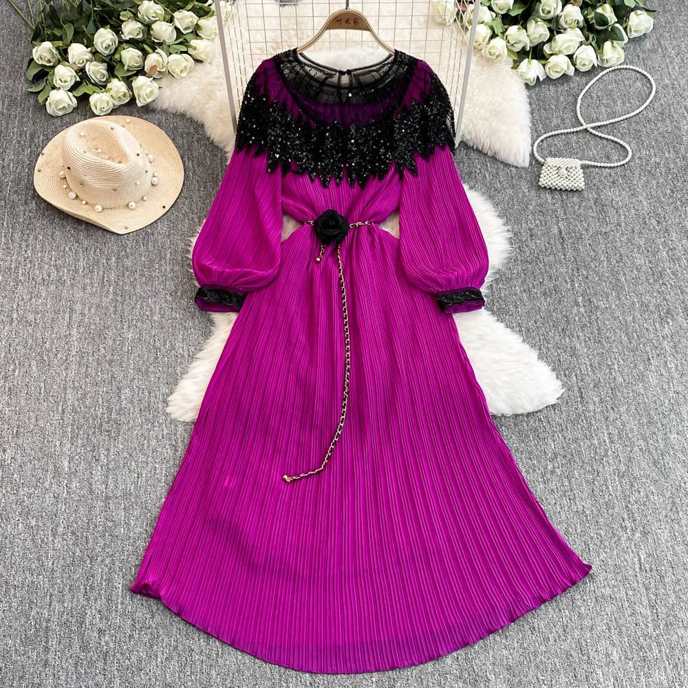 Rhinestone Lace-Up Lantern Sleeve Dress