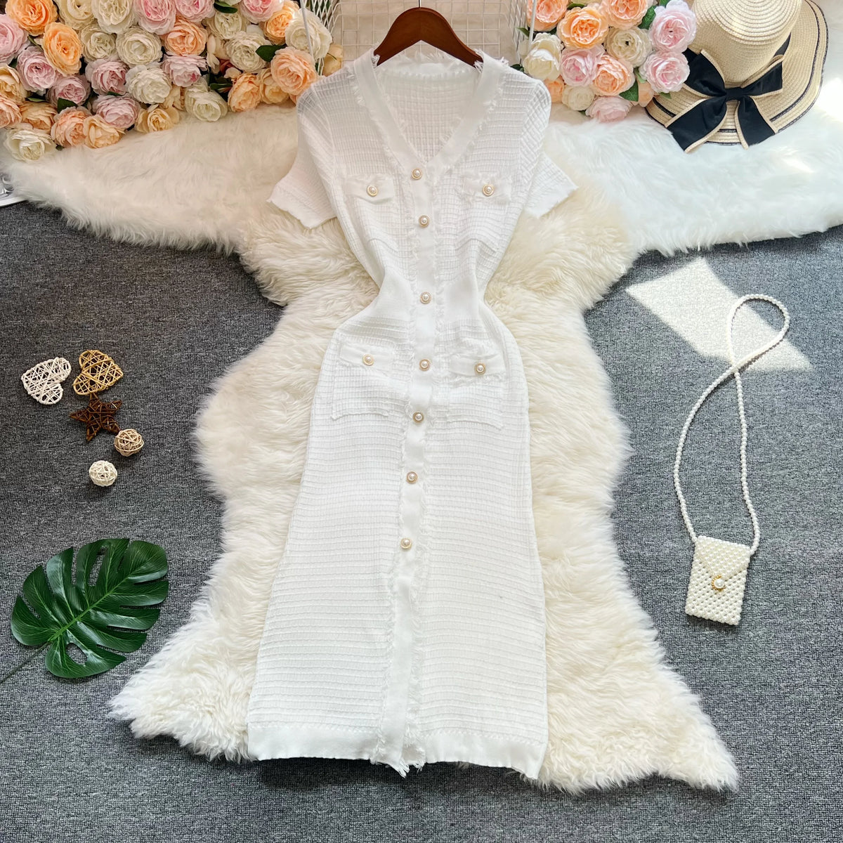Pearl Button Knit Wrap Maxi Dress