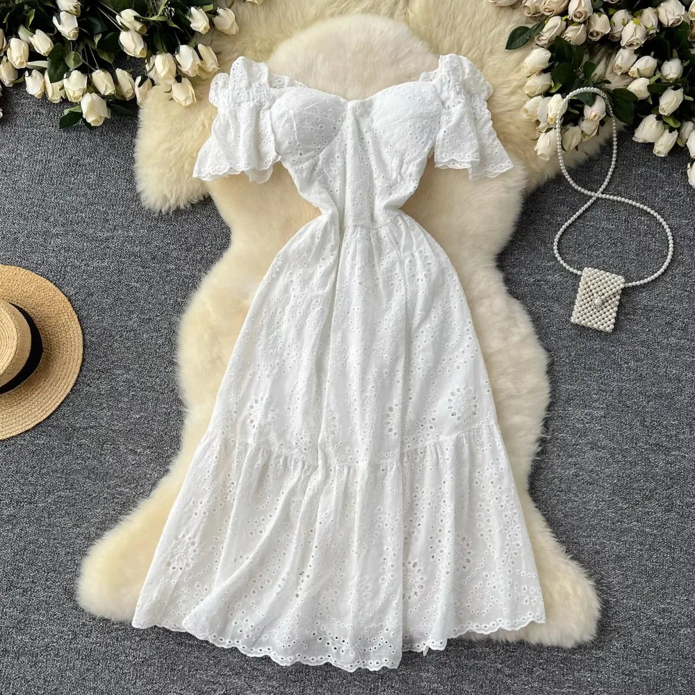 Embroidered Cutout Ruffle A-Line Dress