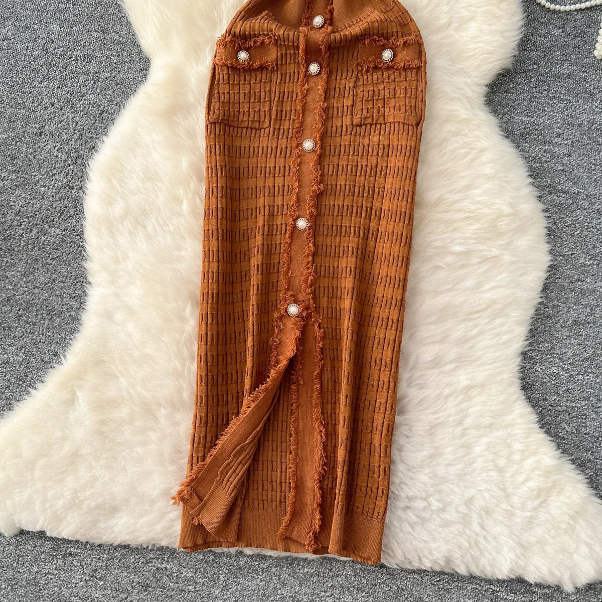 Pearl Button V-Neck Knit Bodycon Maxi Dress