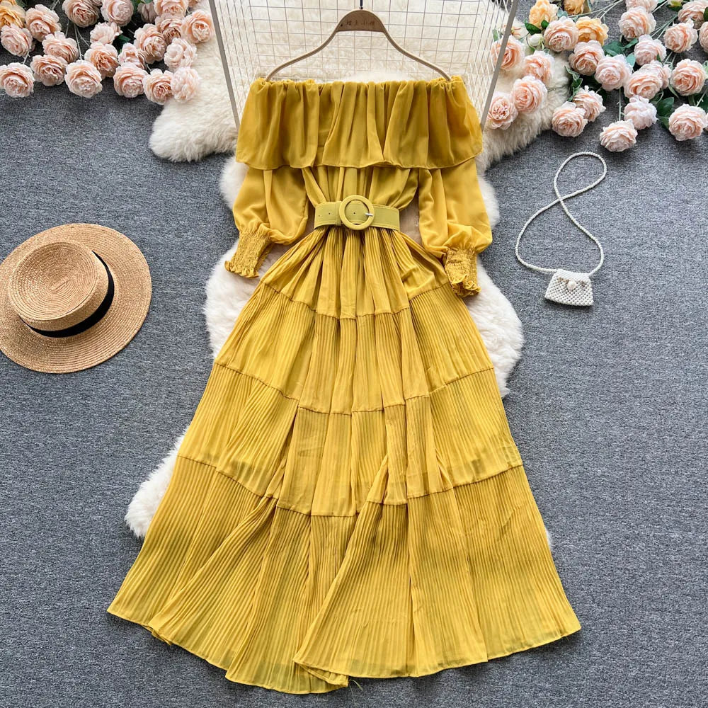 Off-Shoulder Pleated Long Sleeve Sundress