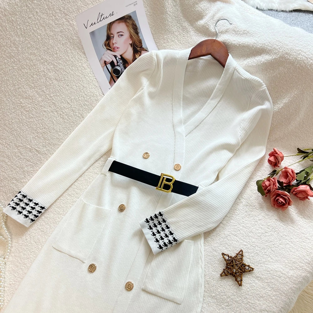 Houndstooth V-Neck Knit Dress