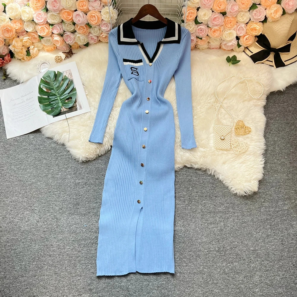 Embroidered Long Sleeve Knit Bodycon Dress