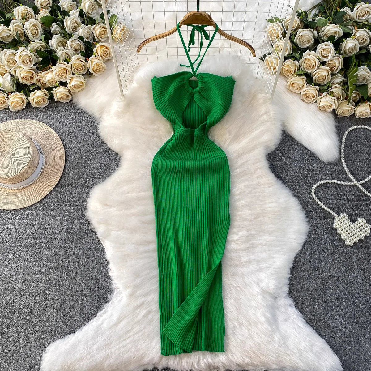 Halter Split Knit Bodycon Maxi Dress