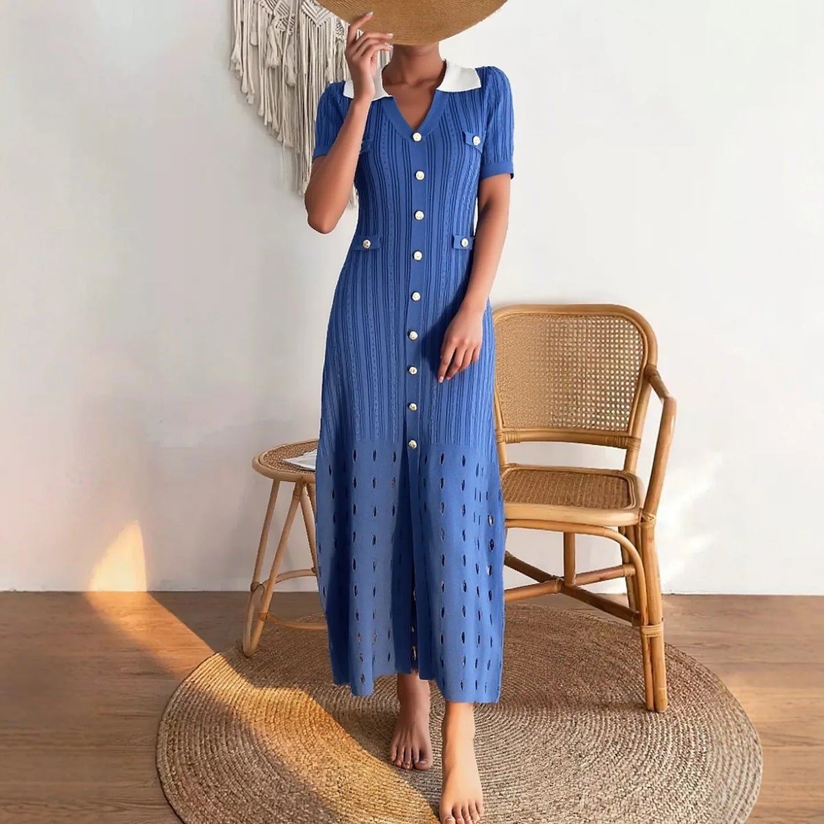 Patchwork Button Front Knit Maxi Dress