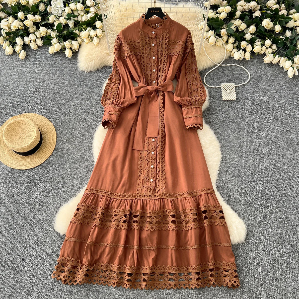 Lace Cutout Lantern Sleeve Bandage Dress