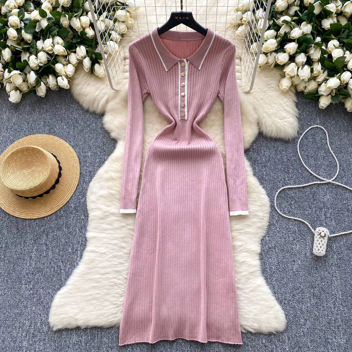 Vintage Collared Ribbed Knit Maxi Shirt Dress