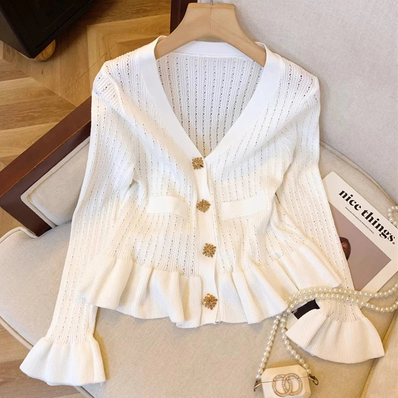 Ruffled V-Neck Button Knit Cardigan