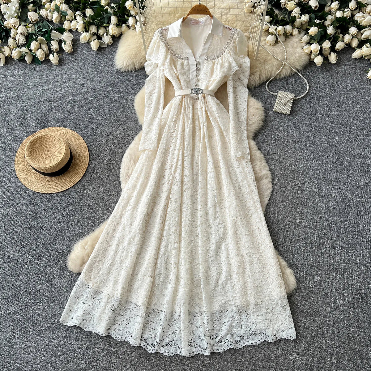 Rhinestone Lace V-Neck Maxi Evening Gown