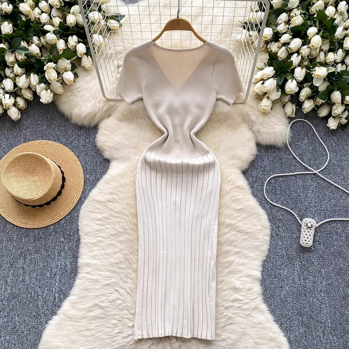 Stretch Knit V-Neck Button Bodycon Dress