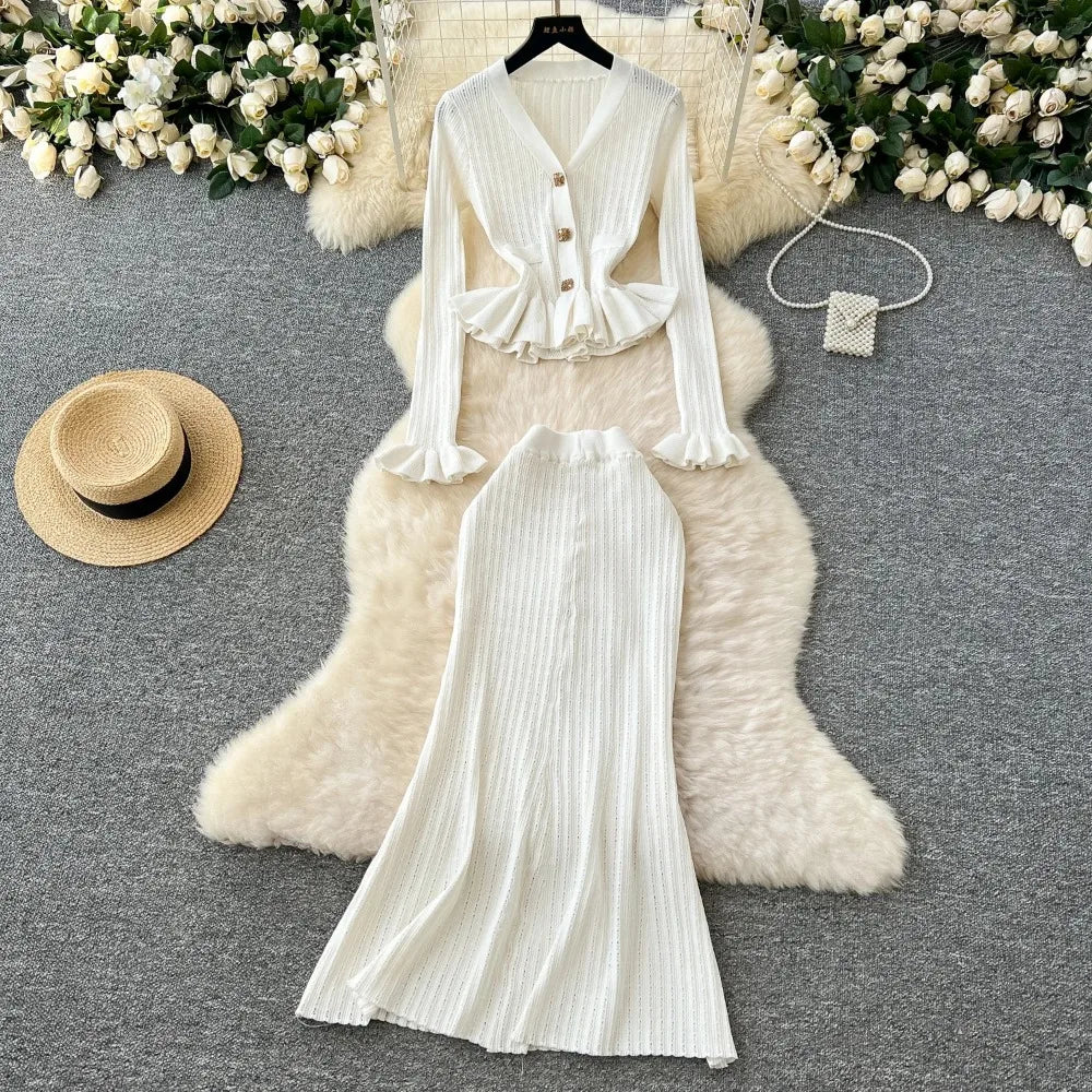 Ruffle Knit Cardigan and Skirt Set