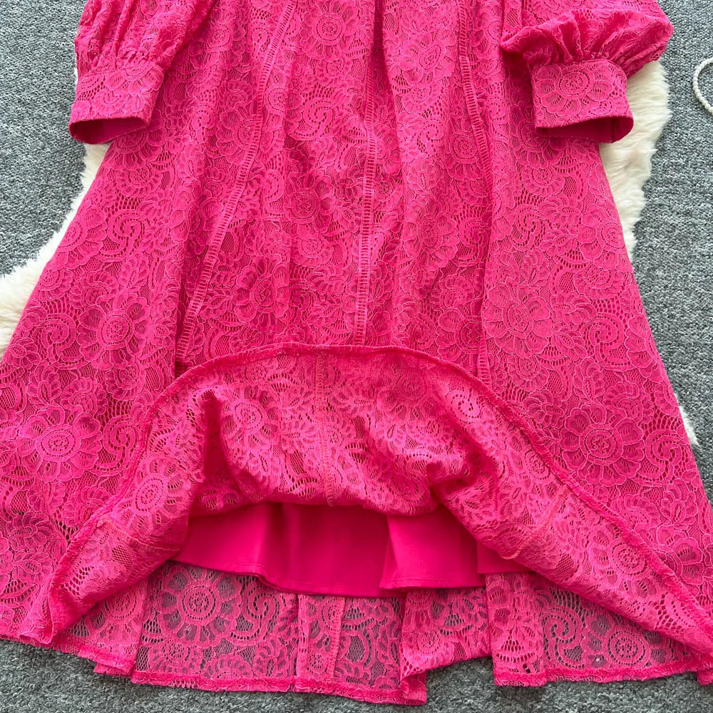Lace Button-Front Long Sleeve Party Dress