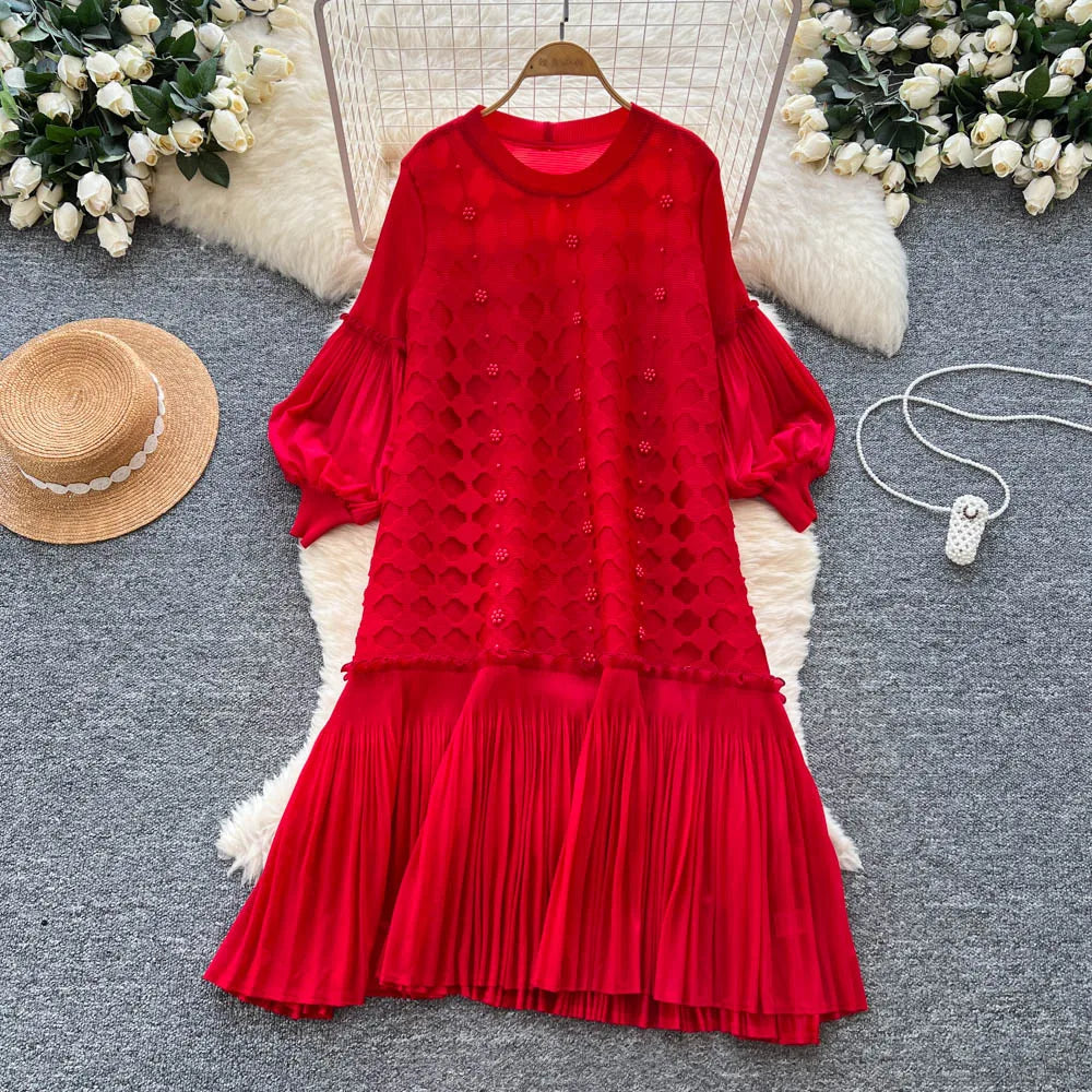 Beaded Spliced Long Sleeve Evening Dress