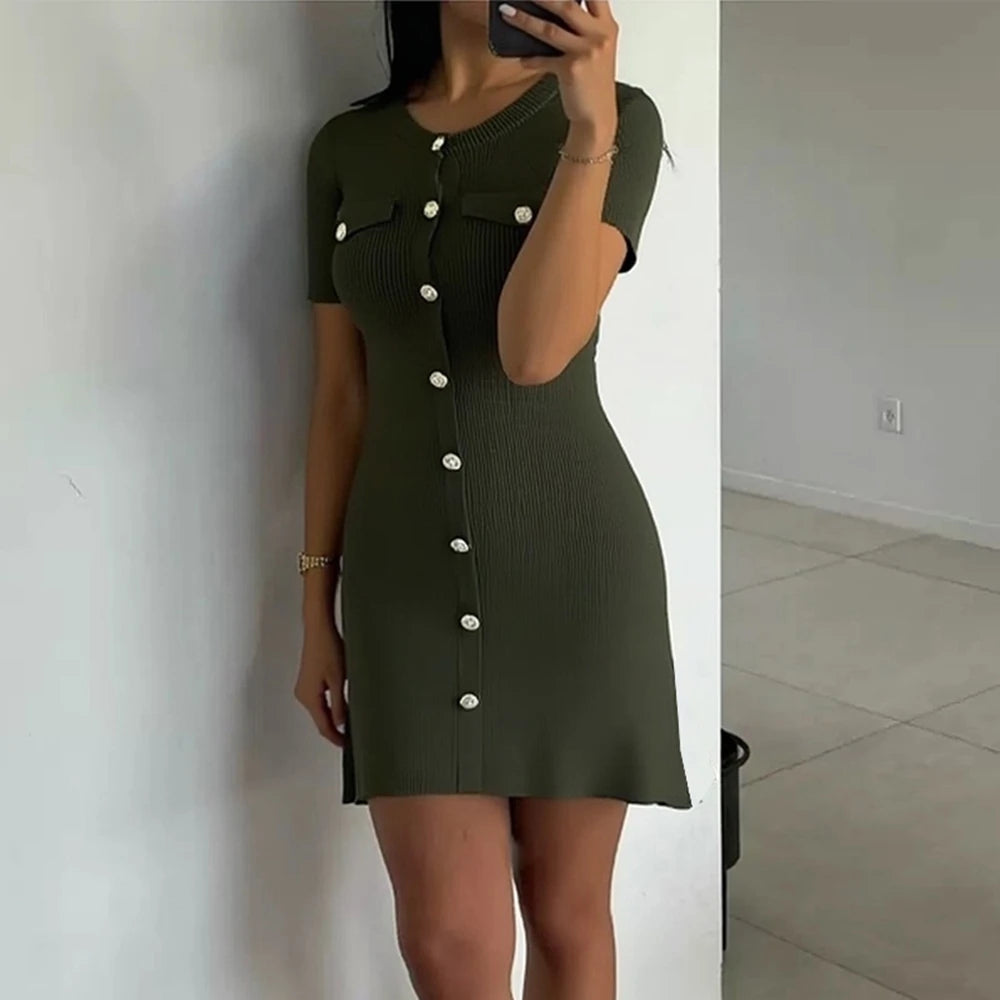 Vintage Button-Front Knit A-Line Mini Dress