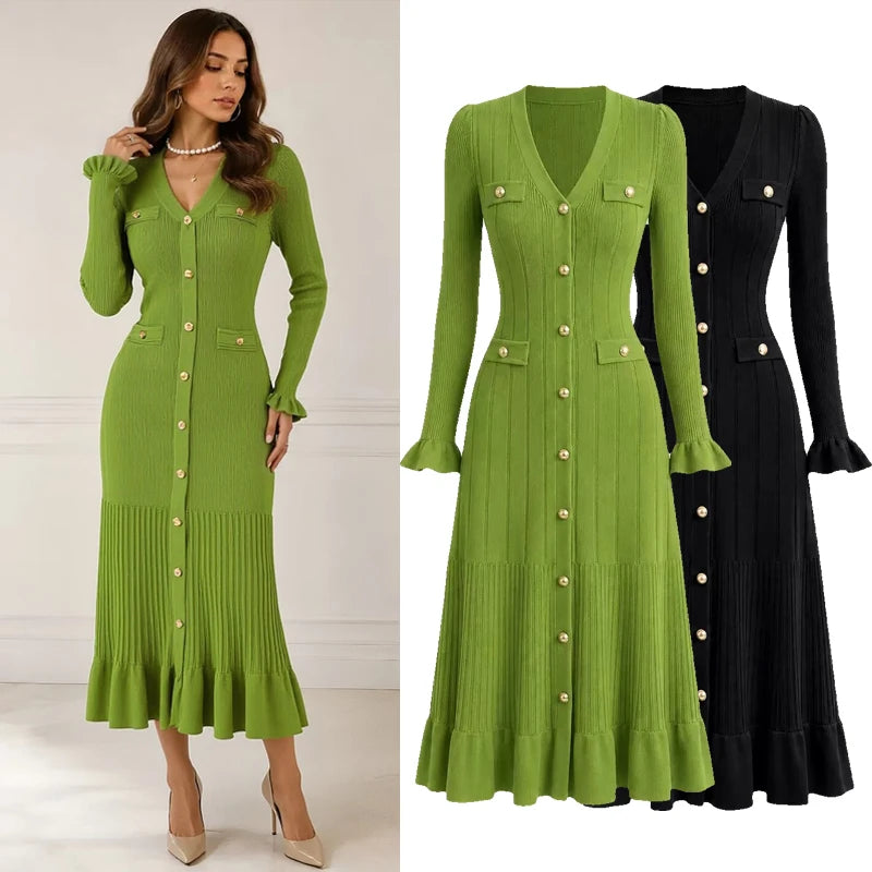 V-Neck Ruffled Button Knit Maxi Dress