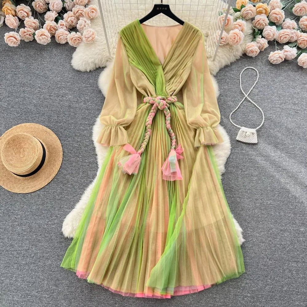 Pleated Mesh Chiffon V-Neck A-Line Dress