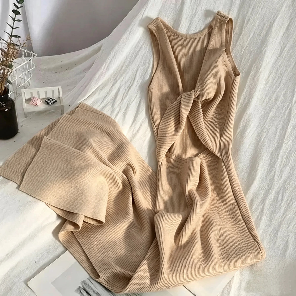Knot V-Neck Split Knit Bodycon Maxi Dress