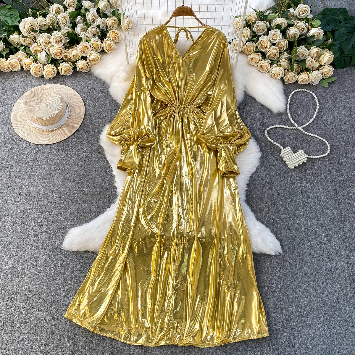 Lantern Sleeve V-Neck Party Dress